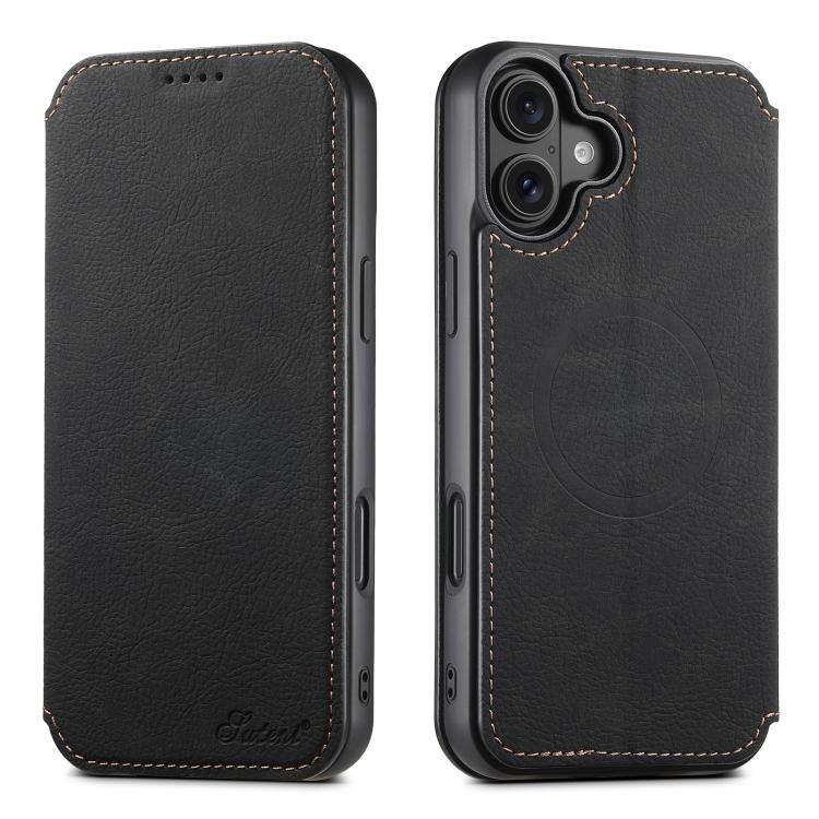 For iPhone 18 Suteni J06 Retro Matte Litchi Texture Leather MagSafe Phone Case(Black)