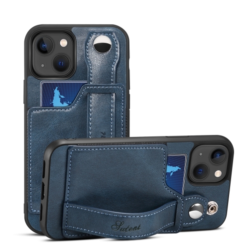 For iPhone 15 Plus SUTENI H12 Wrist Strap Leather Back Phone Case with Card Slot(Blue) for samsung galaxy s23 fe 5g variety brave armor finger loop holder phone case blue