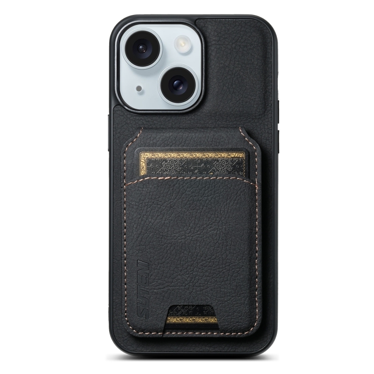 

For iPhone 15 Suteni H02 Litchi Leather Card Wallet Stand Back Phone Case(Black)