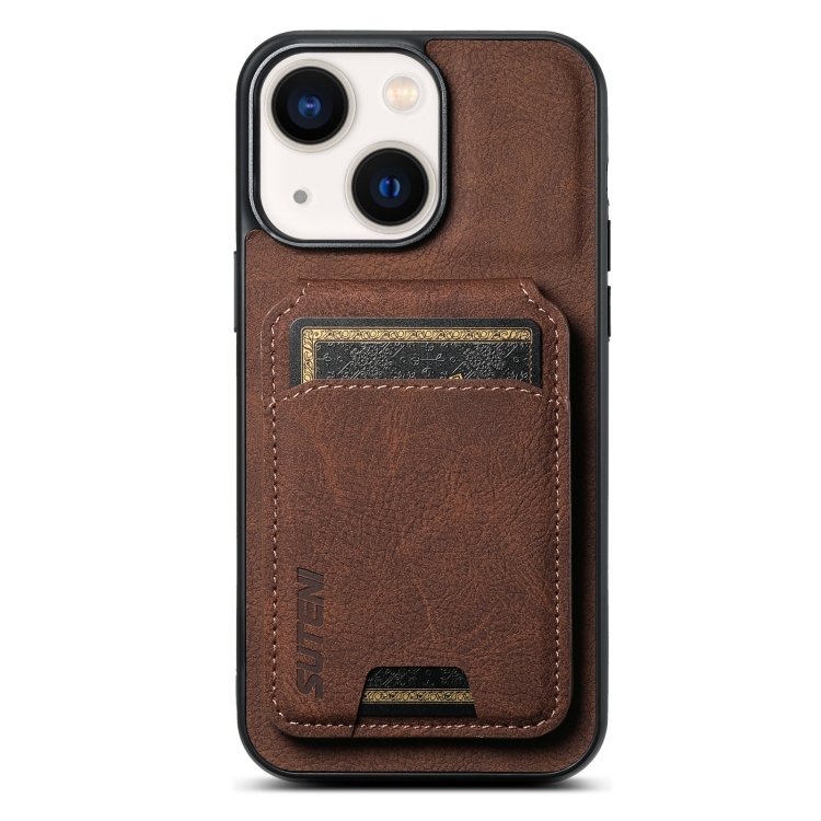 

For iPhone 14 Suteni H02 Litchi Leather Card Wallet Stand Back Phone Case(Brown)