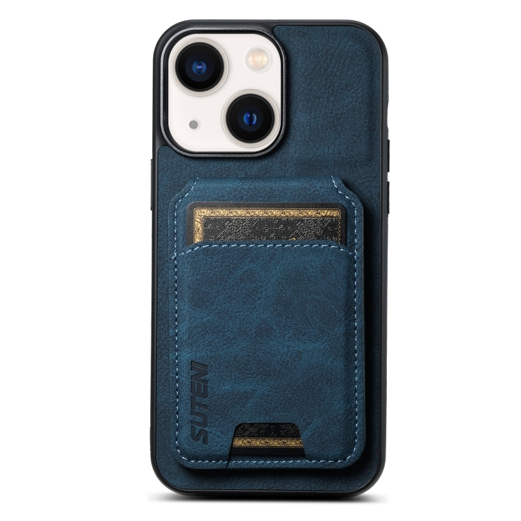 

For iPhone 13 Suteni H02 Litchi Leather Card Wallet Stand Back Phone Case(Blue)