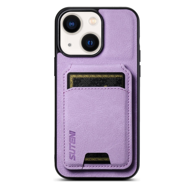 

For iPhone 13 Suteni H02 Litchi Leather Card Wallet Stand Back Phone Case(Purple)