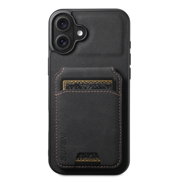 

For iPhone 16 Suteni H02 Litchi Leather Card Wallet Stand Back Phone Case(Black)