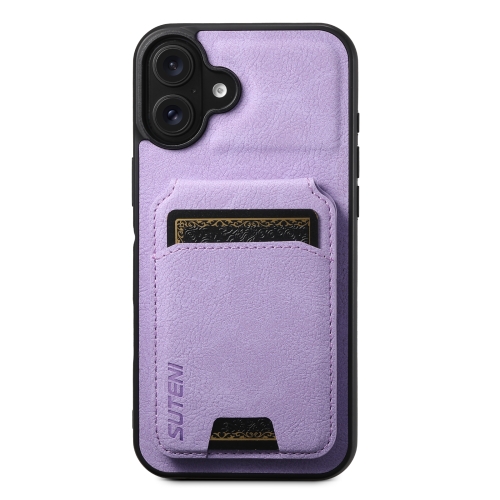 

For iPhone 16 Suteni H02 Litchi Leather Card Wallet Stand Back Phone Case(Purple)