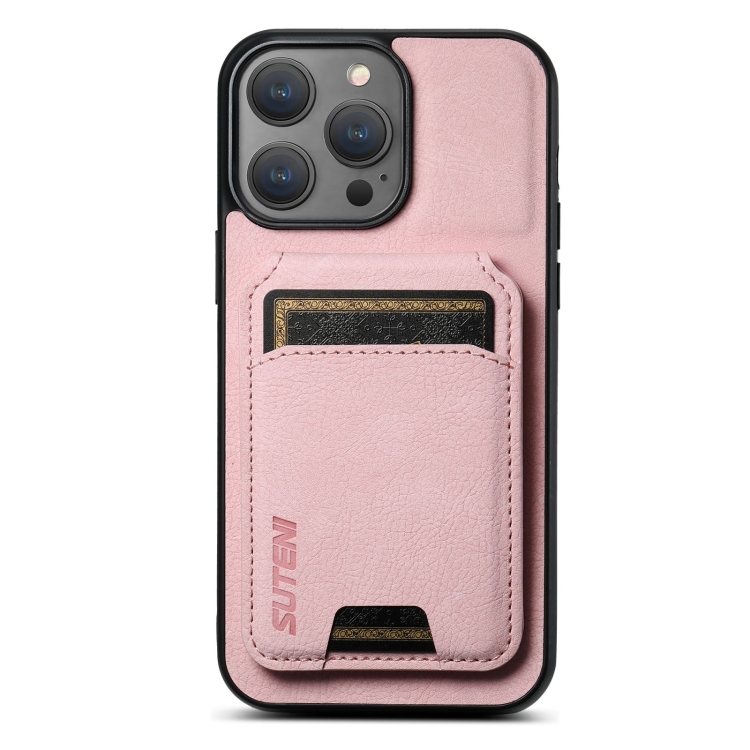 

For iPhone 16 Pro Suteni H02 Litchi Leather Card Wallet Stand Back Phone Case(Pink)