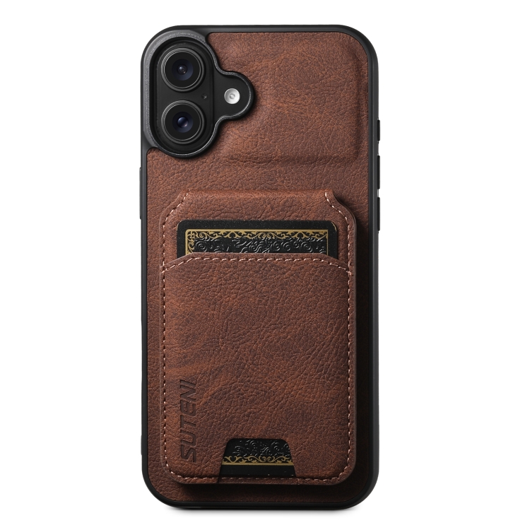 

For iPhone 16 Plus Suteni H02 Litchi Leather Card Wallet Stand Back Phone Case(Brown)