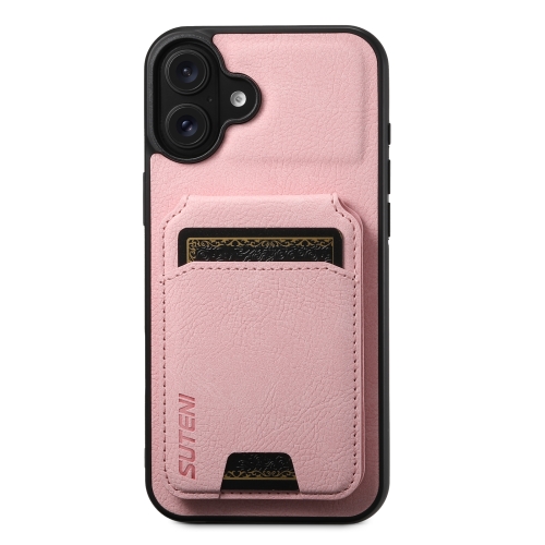 

For iPhone 16 Plus Suteni H02 Litchi Leather Card Wallet Stand Back Phone Case(Pink)