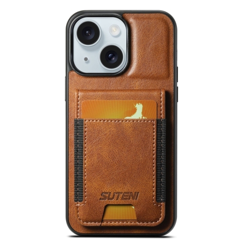 

For iPhone 15 Suteni H03 Oil Wax Leather Wallet Stand Back Phone Case(Brown)