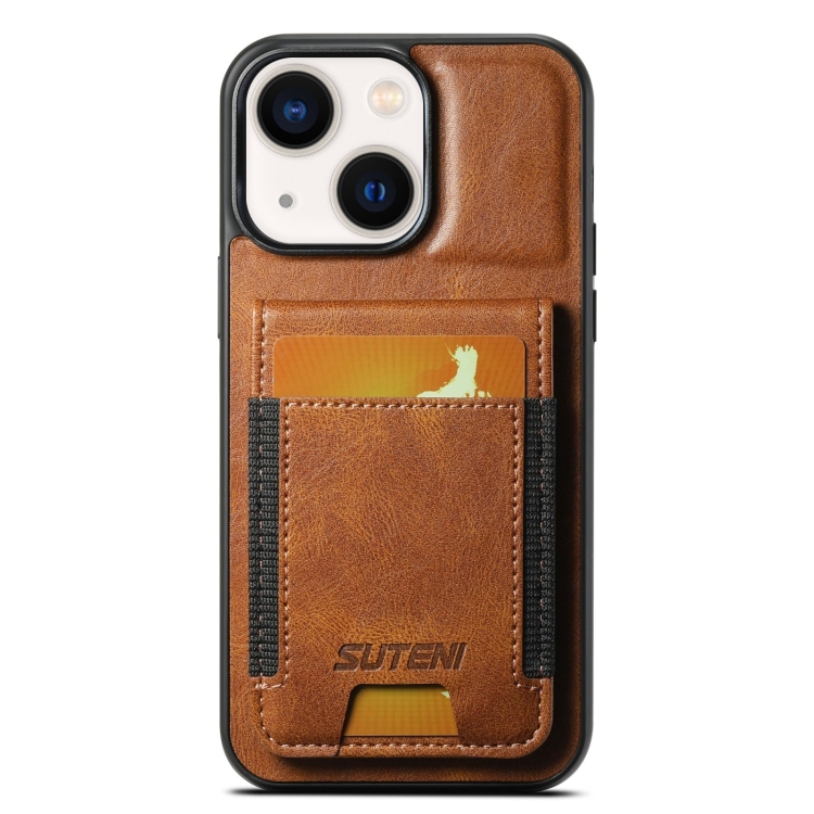 

For iPhone 14 Suteni H03 Oil Wax Leather Wallet Stand Back Phone Case(Brown)