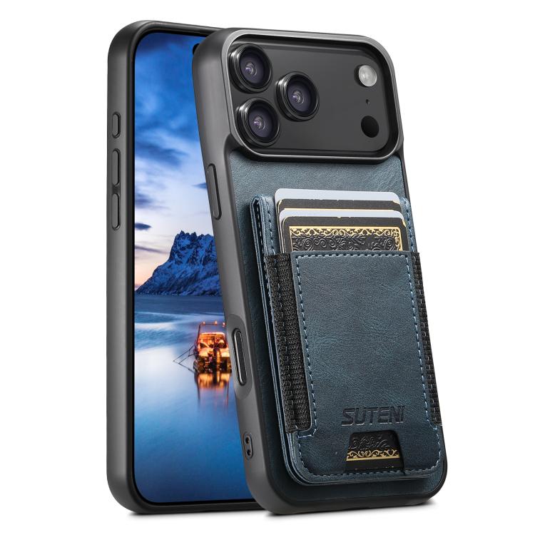 For iPhone 17 Pro Max Suteni H03 Oil Wax Leather Wallet Stand Back Phone Case(Blue)