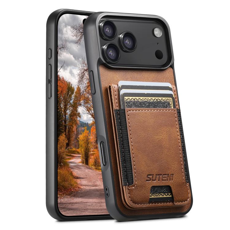 For iPhone 18 Pro Max Suteni H03 Oil Wax Leather Wallet Stand Back Phone Case(Brown)