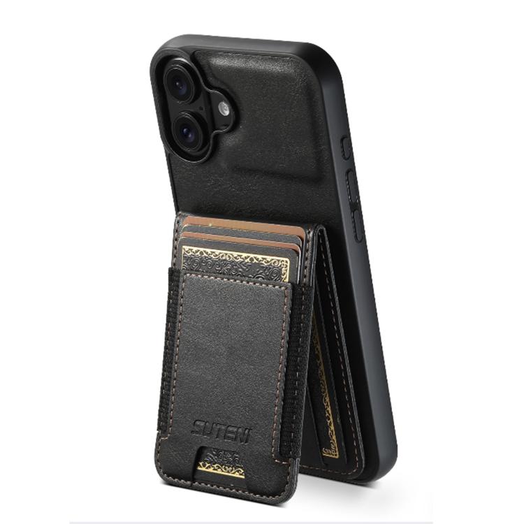 For iPhone 18 Suteni H03 Oil Wax Leather Wallet Stand Back Phone Case(Black)