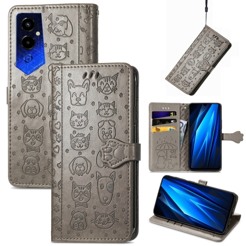 

For Tecno Pova 4 Pro Cat and Dog Embossed Leather Phone Case(Gray)