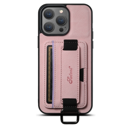 

For iPhone 15 Pro Suteni H13 Litchi Leather Wrist Strap Wallet Back Phone Case(Pink)