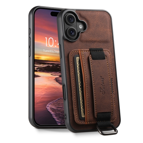 

For iPhone 16 Plus Suteni H13 Litchi Leather Wrist Strap Wallet Back Phone Case(Brown)