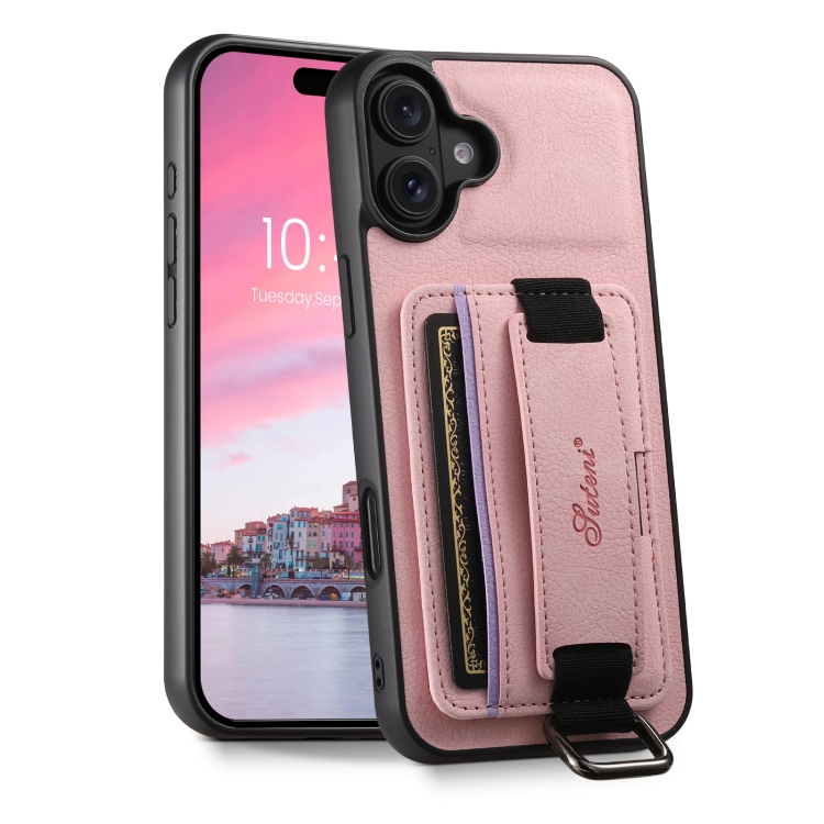 

For iPhone 16 Plus Suteni H13 Litchi Leather Wrist Strap Wallet Back Phone Case(Pink)
