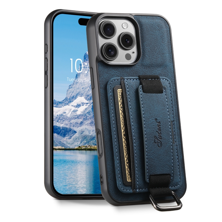 

For iPhone 16 Pro Suteni H13 Litchi Leather Wrist Strap Wallet Back Phone Case(Blue)