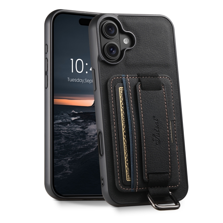 

For iPhone 16 Suteni H13 Litchi Leather Wrist Strap Wallet Back Phone Case(Black)