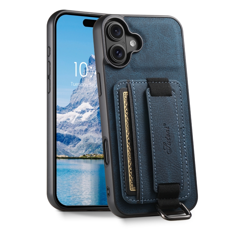 

For iPhone 16 Suteni H13 Litchi Leather Wrist Strap Wallet Back Phone Case(Blue)