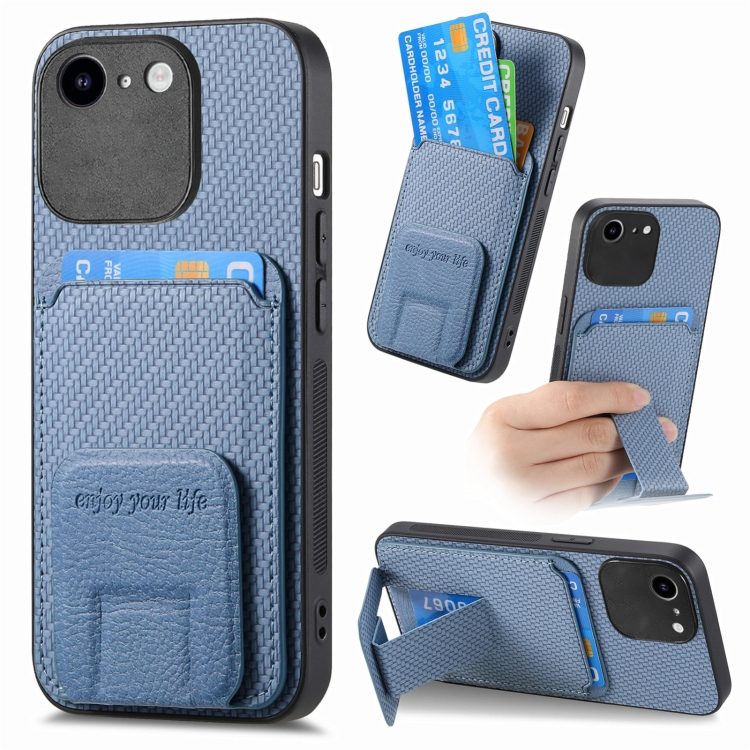 

For iPhone 6 / 6s Carbon Fiber Card Bag Fold Stand Phone Case(Blue)