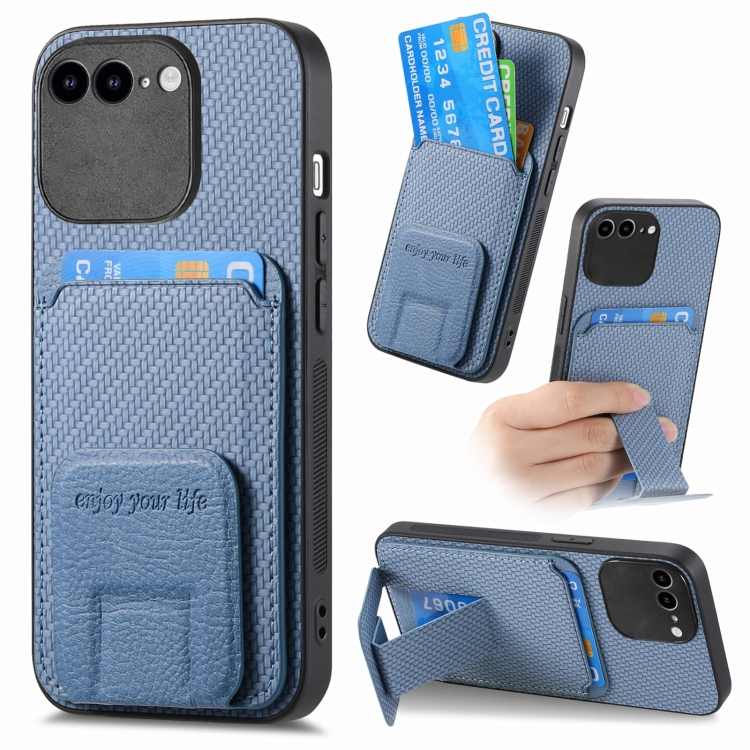 

For iPhone 6 Plus / 6s Plus Carbon Fiber Card Bag Fold Stand Phone Case(Blue)