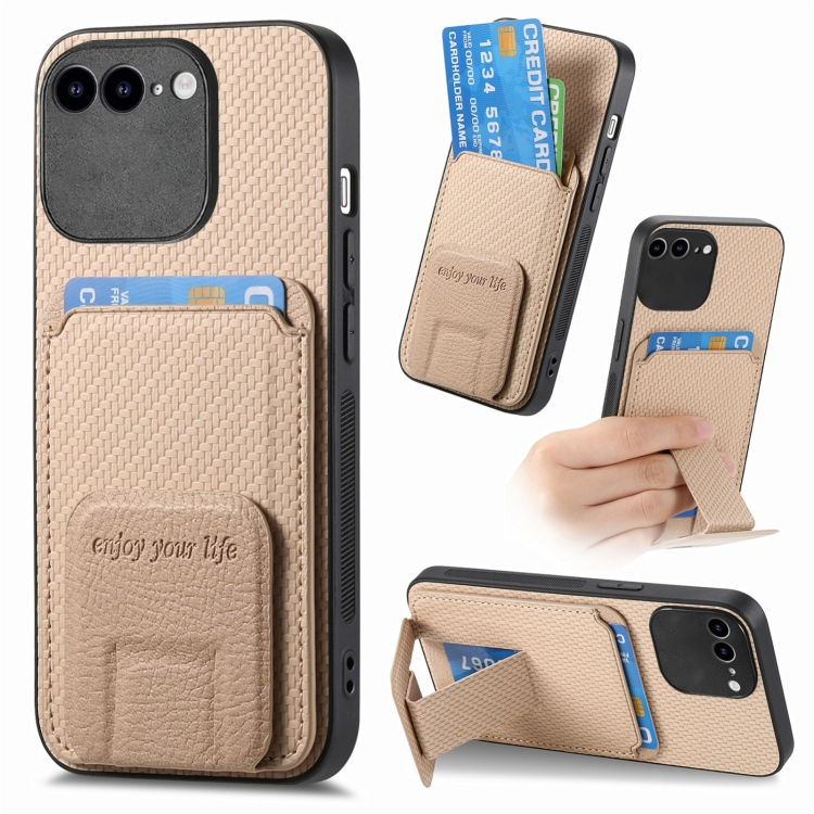 

For iPhone 6 Plus / 6s Plus Carbon Fiber Card Bag Fold Stand Phone Case(Khaki)
