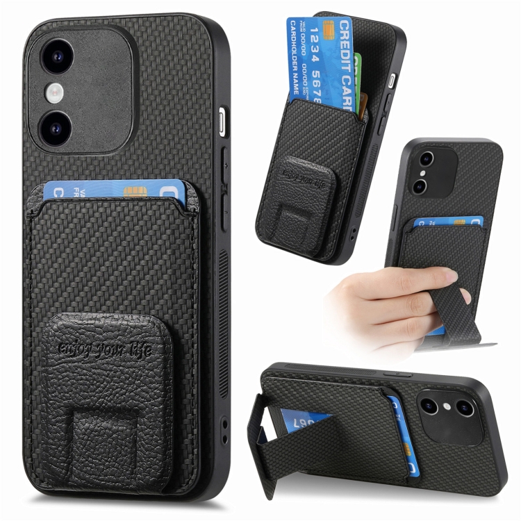 

For iPhone X / XS Carbon Fiber Card Bag Fold Stand Phone Case(Black)