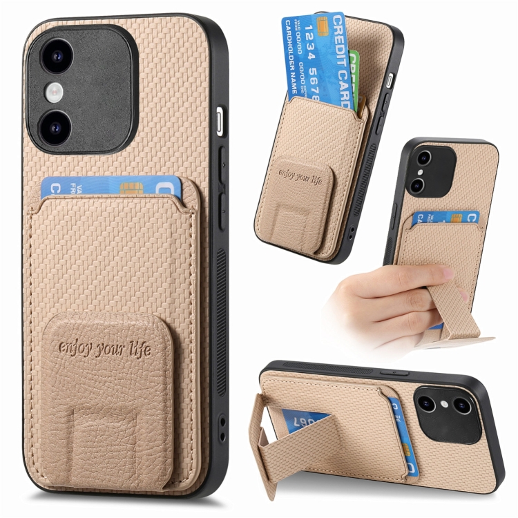 

For iPhone X / XS Carbon Fiber Card Bag Fold Stand Phone Case(Khaki)