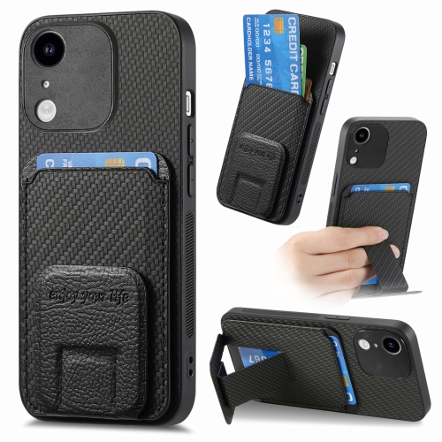 

For iPhone XR Carbon Fiber Card Bag Fold Stand Phone Case(Black)