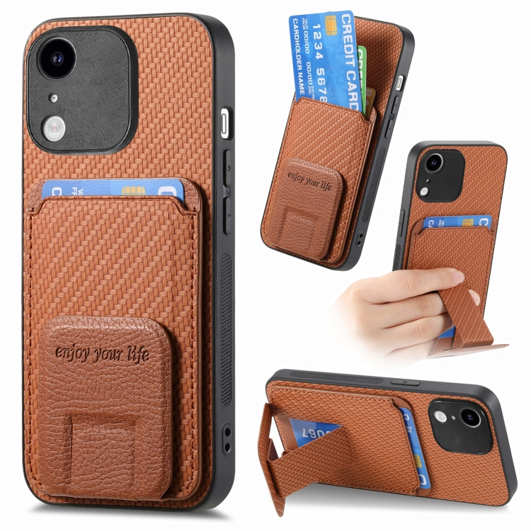 

For iPhone XR Carbon Fiber Card Bag Fold Stand Phone Case(Brown)