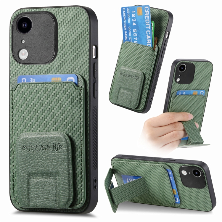 

For iPhone XR Carbon Fiber Card Bag Fold Stand Phone Case(Green)