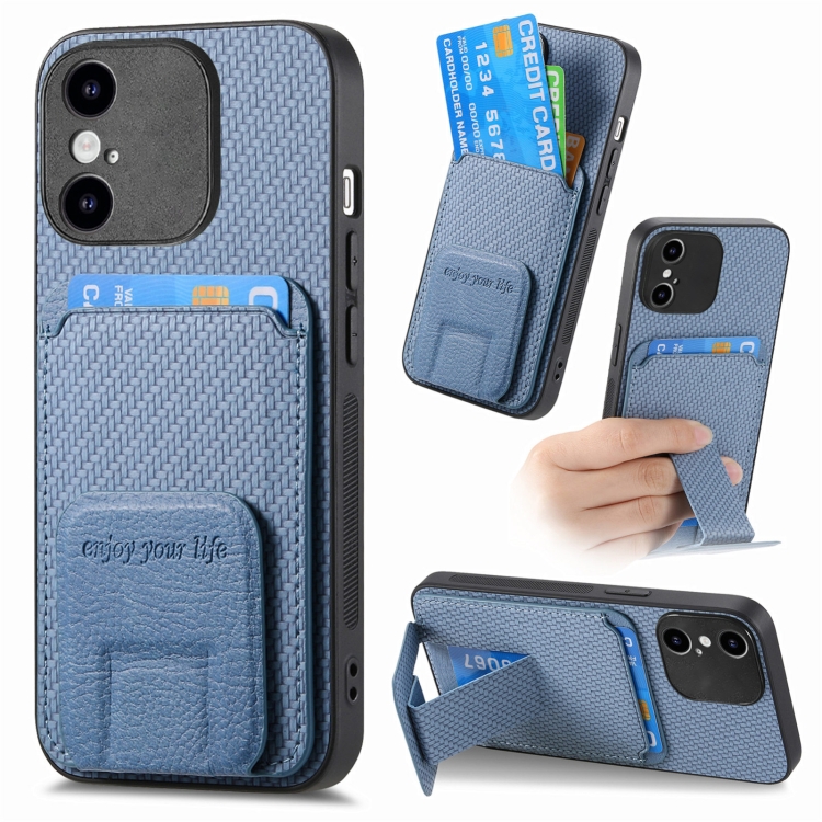 

For iPhone XS Max Carbon Fiber Card Bag Fold Stand Phone Case(Blue)