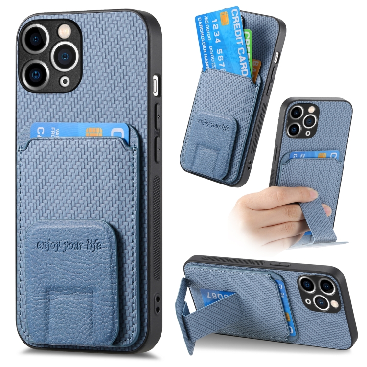 

For iPhone 11 Pro Max Carbon Fiber Card Bag Fold Stand Phone Case(Blue)