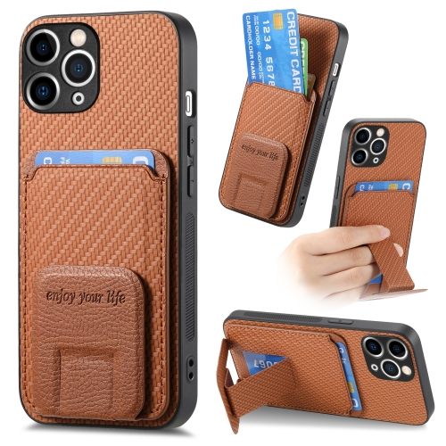 

For iPhone 11 Pro Max Carbon Fiber Card Bag Fold Stand Phone Case(Brown)