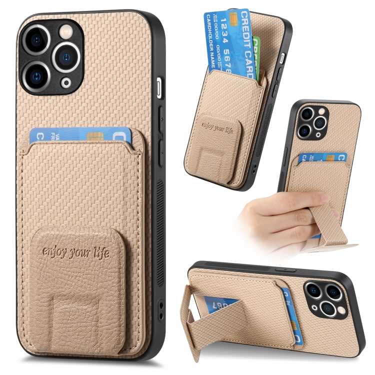 

For iPhone 11 Pro Max Carbon Fiber Card Bag Fold Stand Phone Case(Khaki)