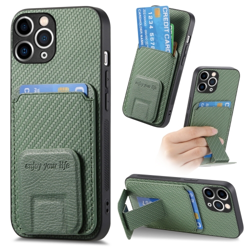 

For iPhone 11 Pro Max Carbon Fiber Card Bag Fold Stand Phone Case(Green)