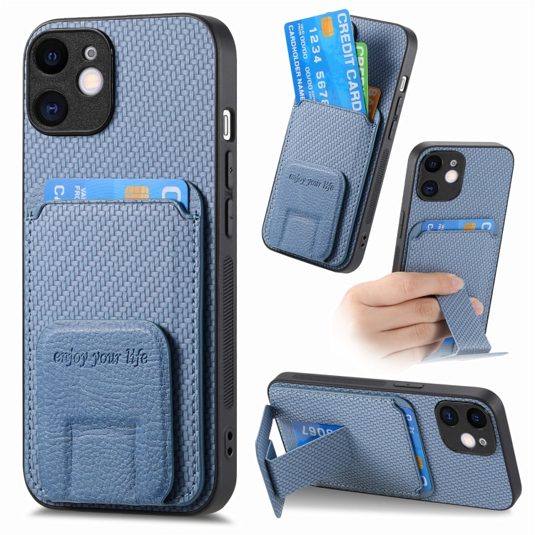 

For iPhone 12 Carbon Fiber Card Bag Fold Stand Phone Case(Blue)
