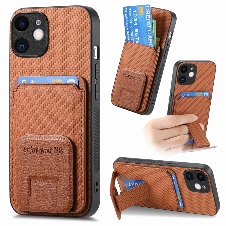 

For iPhone 12 Carbon Fiber Card Bag Fold Stand Phone Case(Brown)