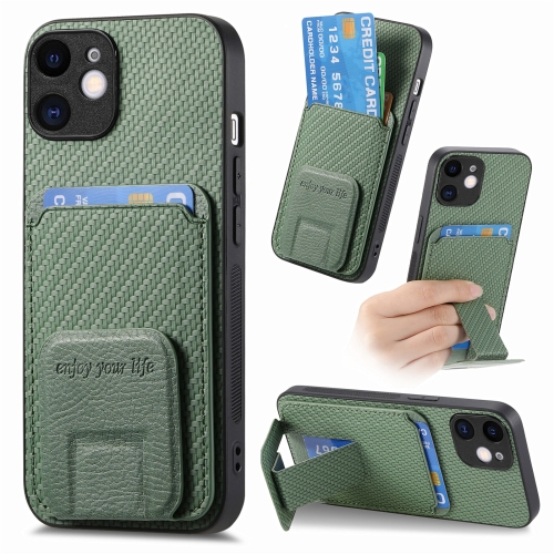 

For iPhone 12 Carbon Fiber Card Bag Fold Stand Phone Case(Green)
