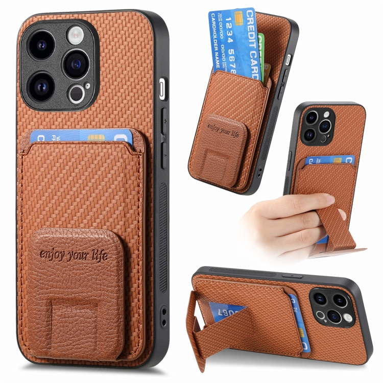 

For iPhone 12 Pro Carbon Fiber Card Bag Fold Stand Phone Case(Brown)
