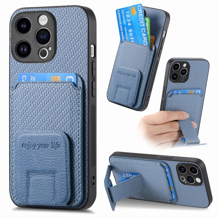 

For iPhone 12 Pro Max Carbon Fiber Card Bag Fold Stand Phone Case(Blue)