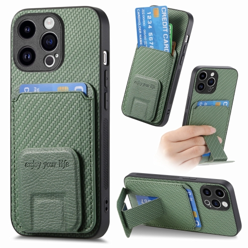 

For iPhone 12 Pro Max Carbon Fiber Card Bag Fold Stand Phone Case(Green)