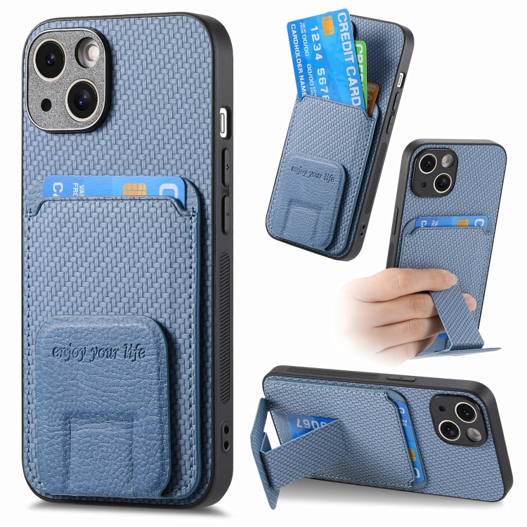 

For iPhone 13 Carbon Fiber Card Bag Fold Stand Phone Case(Blue)