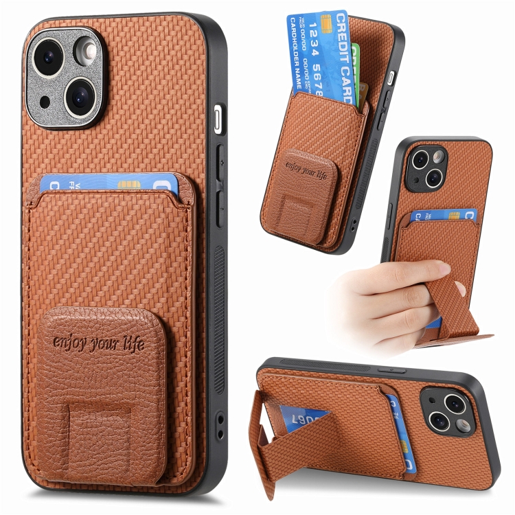 

For iPhone 13 Carbon Fiber Card Bag Fold Stand Phone Case(Brown)