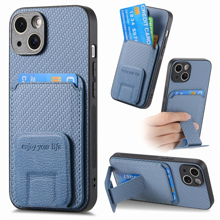 

For iPhone 14 Carbon Fiber Card Bag Fold Stand Phone Case(Blue)