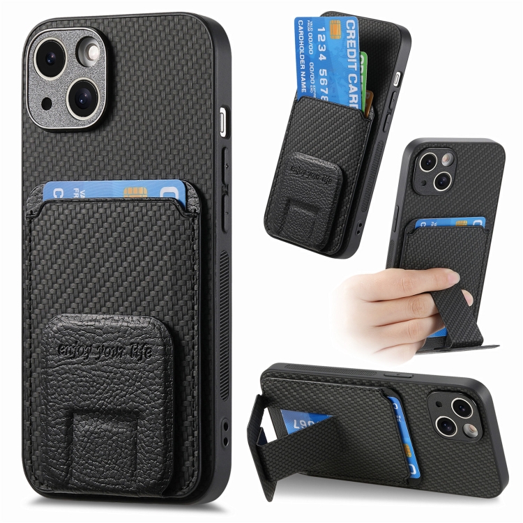 

For iPhone 14 Carbon Fiber Card Bag Fold Stand Phone Case(Black)