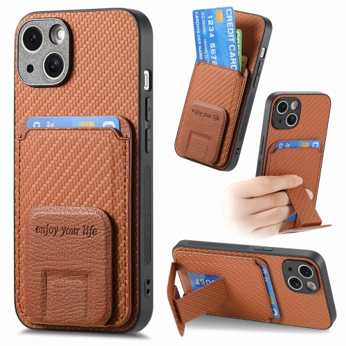 

For iPhone 14 Plus Carbon Fiber Card Bag Fold Stand Phone Case(Brown)