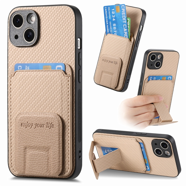 

For iPhone 14 Plus Carbon Fiber Card Bag Fold Stand Phone Case(Khaki)