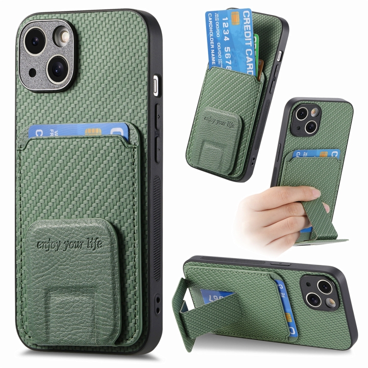 

For iPhone 14 Plus Carbon Fiber Card Bag Fold Stand Phone Case(Green)