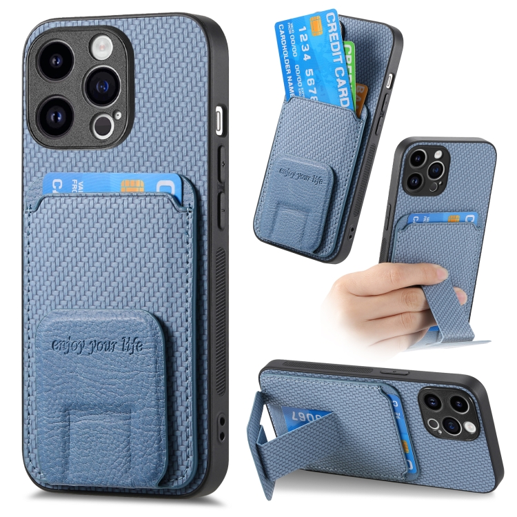 

For iPhone 14 Pro Max Carbon Fiber Card Bag Fold Stand Phone Case(Blue)
